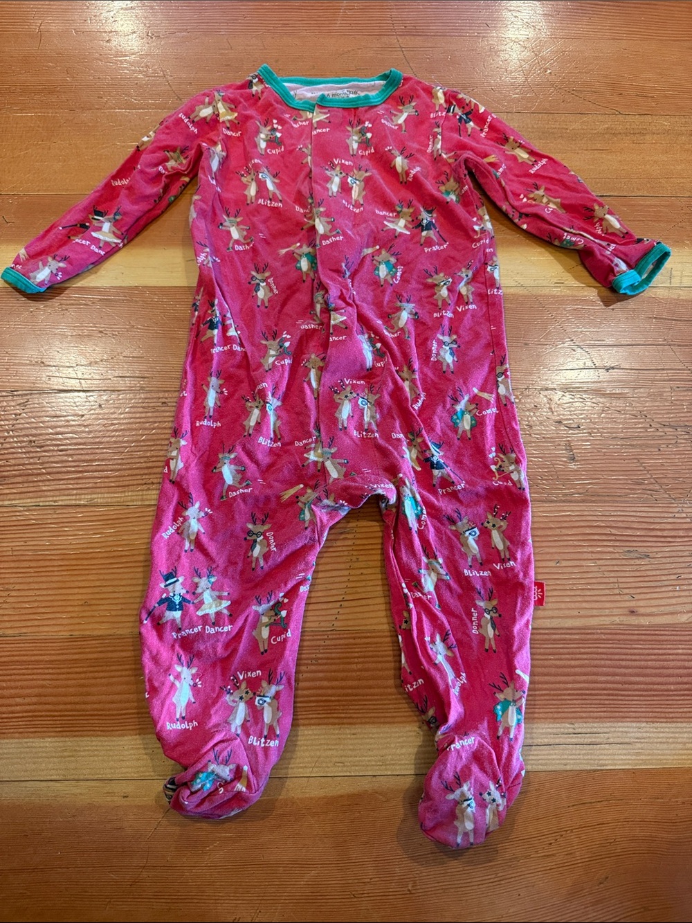 Magnetic Me Pink Reindeer Footed One-Piece with Teal Trim